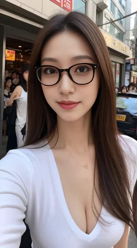 ((Day, Best Quality, 8K, Realistic)), Full body: 1.4, Slender abs: 1.2, ((Long windy dark brown hair: 1.2, Medium Breasts: 1.2)), (White long tshirt: 1.2, Tight pants: 1.1, Black fashion dark glasses: 1.1, Sitting: 1.2), (Outdoor, Streets, Side korea resta...