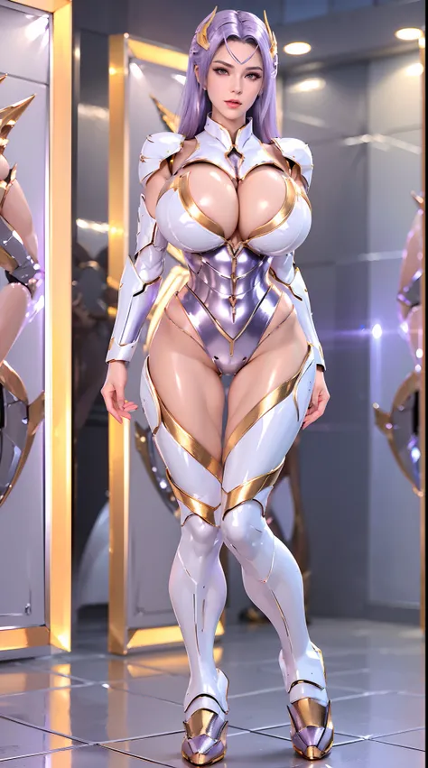 A WOMAN, BEAUTIFULL FACE, (WHITE, GOLD, PURPLE:1.1), (SEXY RED LIBS:1), (BEAUTY MAKEUP:1), (SHINY BODYSKIN:1.2), (HUGE BOOBS), (FULL BODY:1.3), (DRAGON HEAD:1), (SILVER DRAGON MECHA ARMOR SUIT:1.1), (CROP TOP:1), (CLEAVAGE:1.3), TRANSPARANT, TALL LEGS, STA...