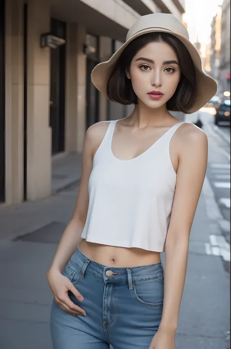 ((Realistic lighting, Best Quality, 8K, Master Parts: 1.3)), Clear focus: 1.2, 2girls, Perfect figure: 1.4, ((Bob Shorthair)), (White tank top and high-waisted black jeans、White sneakers: 1.4), , ultra thin face, Thin Eyes, Double eyelids, Woman in hat pos...