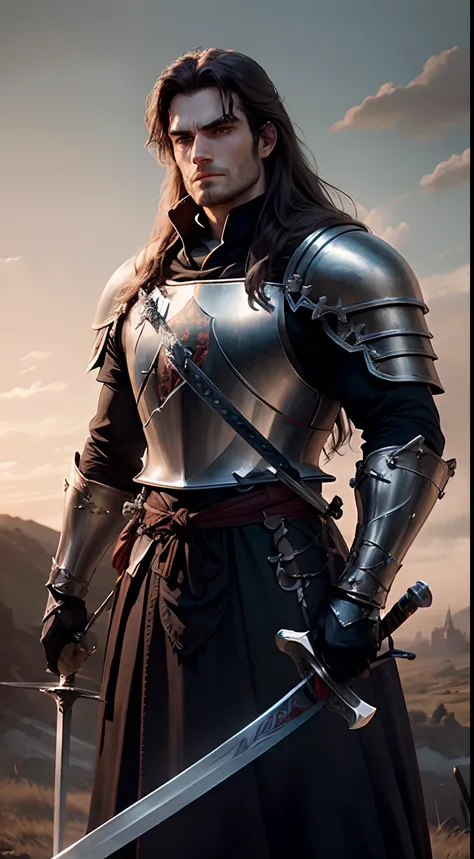 Henry Cavill, as a medieval Templar knight, long hair, robust, grim expression, clad in armour, ((large sword in hand:1.3)), riding a horse, on a battlefield, corpses and soldiers in background, castle visible at a distance, dusklight, Templar flag flutter...