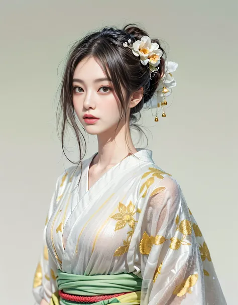 (Beautiful model who appeared in an singlet kimono worn under kimono commercial, The front of the kimono is elegantly closed, beautiful straight long black hair), solo, ((face is 80% beauty and elegance, 20% pretty and cute:1.5)), clear eyes, (detailed eye...