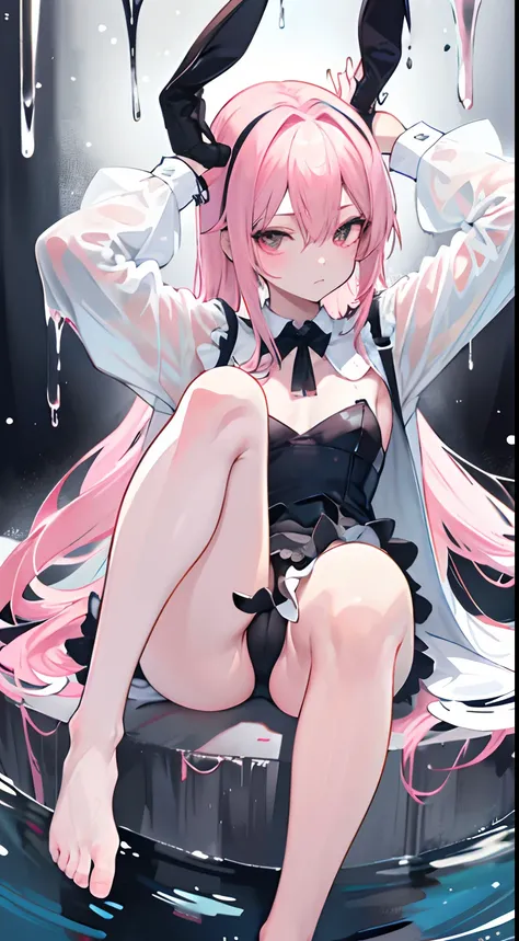 opening legs，Bunny ears，No underwear， the feet，is shy，sitted， Feet，Exposed genitals，clear liquid，Bigchest，Black fully transparent panties，soaking wet，A pink-haired，Hold your thighs from behind with your hands，Emotive expressions，Ambiguous，taunt