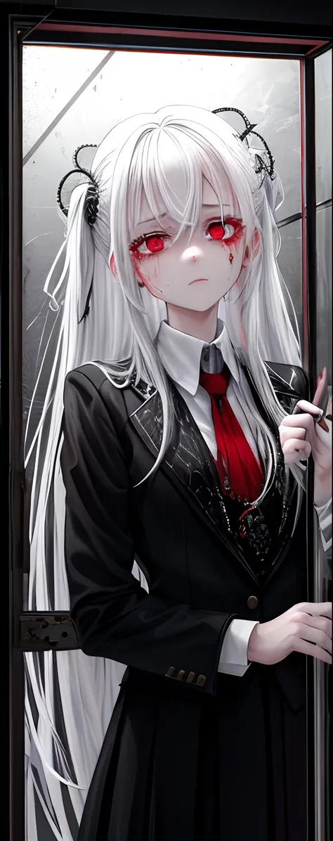 1girll, White hair, Red eyes, (teens girl_Shot:1.2), Face focus, Long hair, side locks,Collapsed crying，Extreme panic，After being violated ，Scared,(terrified:1.1) expression, holding teddy bear, Atmospheric lighting, Moody, Darkness, In an abandoned old mu...