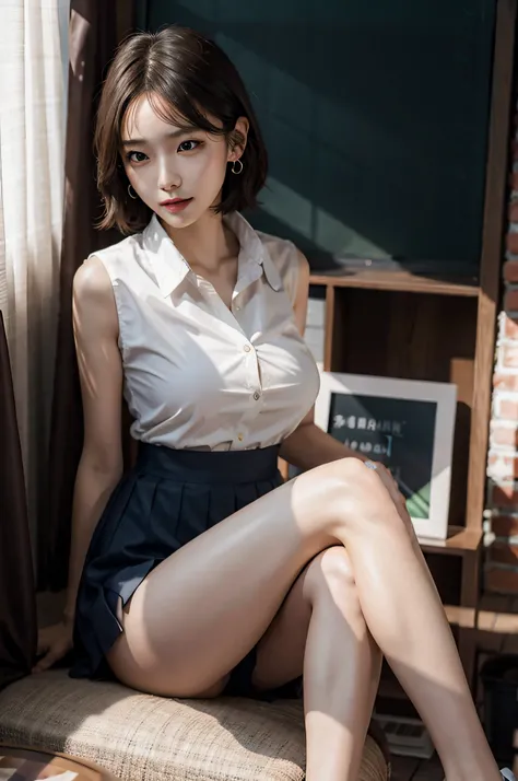 (very huge round breasts, perfect anatomy:1.4), (short hair, wavy hair, full body:1.1), (Korean school uniform, summer school uniform shirt, sleeveless,:1.4), whole body, RAW photo, extremely delicate and beautiful, masterpiece, Best Quality, ultra high re...