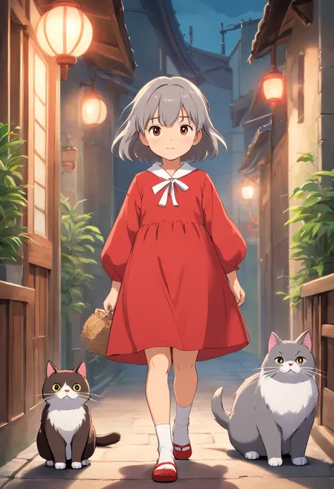 One Little Girl，in a red dress，A gray fat cat，in style of hayao miyazaki，hiyao miyazaki，in style of ghibli：1.8