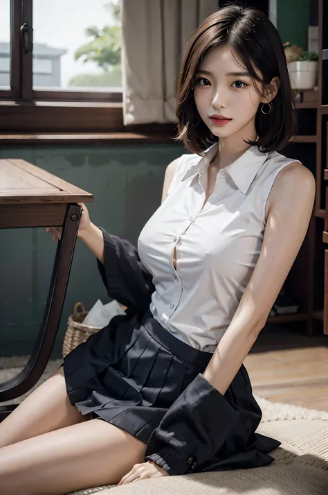 (very huge round breasts, perfect anatomy:1.4), (short hair, wavy hair, full body:1.1), (Korean school uniform, summer school uniform shirt, sleeveless,:1.4), whole body, RAW photo, extremely delicate and beautiful, masterpiece, Best Quality, ultra high re...