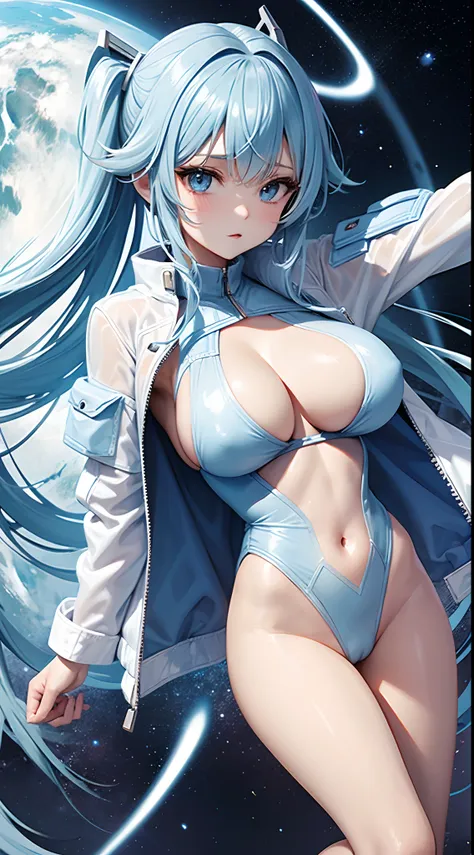 Space Warrior　Girl with long light blue hair　White see-through leotard jacket　Open the jacket、cleavage of the breast、White panty