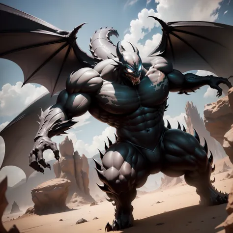 (venom symbiote：10)，(Huge black dragon)，(drak），(musculature)，Whole body diagram，A desert，The is very detailed，4k高清