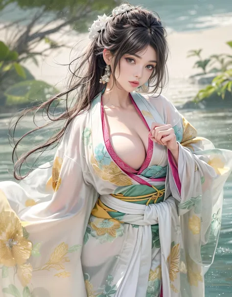 (Beautiful model who appeared in an singlet kimono worn under kimono commercial, The front of the kimono is elegantly closed, beautiful straight long black hair), solo, ((face is 80% beauty and elegance, 20% pretty and cute:1.5)), clear eyes, (detailed eye...