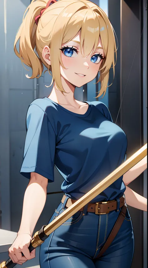 young girl, short blonde hair, high ponytail, blue eyes, Smile, Blue tight shirt, Jeans, Open showers, two swords, Fly on ropes, Masterpiece, hiquality, 4k, HD, Good detail