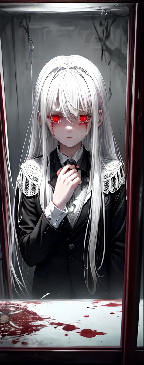 1girll, White hair, Red eyes, (teens girl_Shot:1.2), Face focus, Long hair, side locks,Collapsed crying，Extreme panic，After being violated ，Scared,(terrified:1.1) expression, holding teddy bear, Atmospheric lighting, Moody, Darkness, In an abandoned old mu...