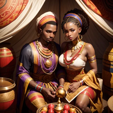 Traditional African marriage of a black man and black woman both wearing African traditional clothes, in an african designed tent, full of coloured African designed instruments, with a celebrating congregation carrying african designed presents like drums,...