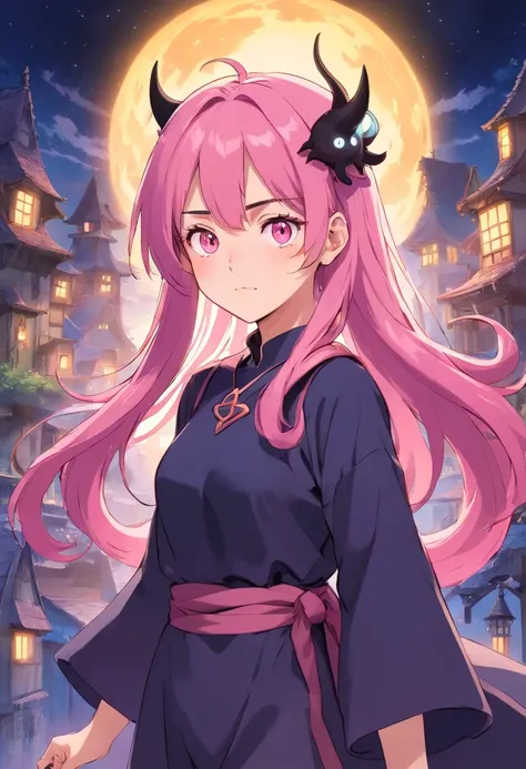 A witch with pink hair, the front ones are tied in two ponytails, and the back ones are loose;,pink eyes, official costume