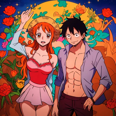 Nami, monkey d luffy, couple ,Lovey Dovey,, , ,, 1boy+1GIRL, couple, subrealist, sky , tulipan, nighte, psychedelic