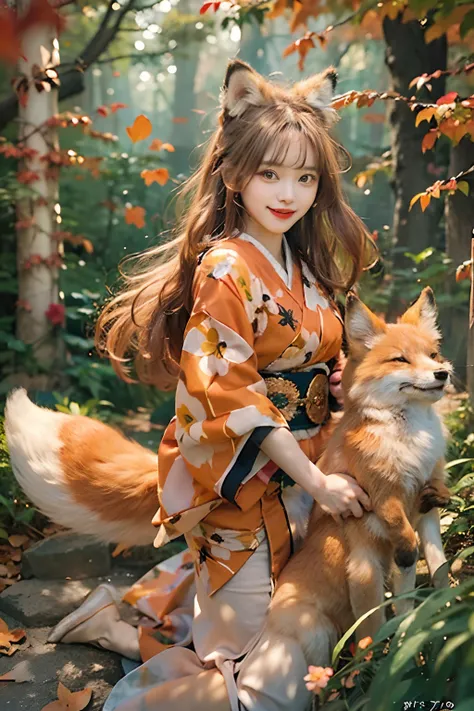 Two-shot photo of a girl and a fox,(Fantasia,Kitsune Yokai Four-Tailed Heavenly Fox,),(Smiling Girl and Fox Youkai: The Tale of the Four-Tailed Heavenly Fox),
(Smiling happy girl bent over deep in the forest and looking up,Fox Yokai Two-shot movie of a fox...