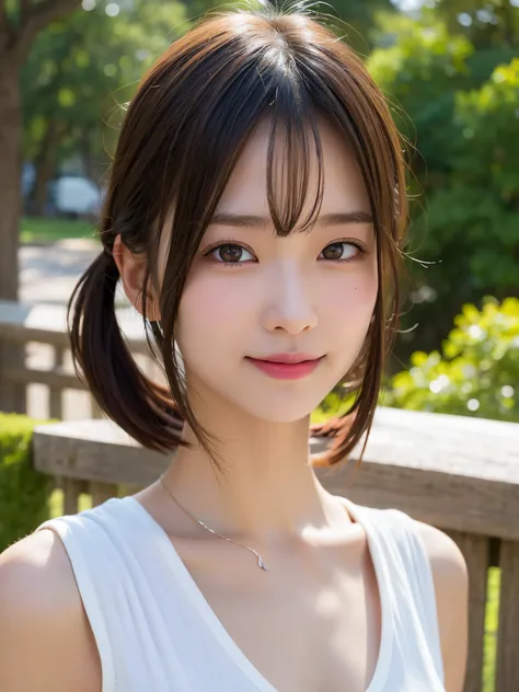 masutepiece, Best Quality, Ultra-detailed, finely detail, hight resolution, 8K, Perfect dynamic composition,Japan 18-year-old woman、 Beautiful detailed eyes, twin-tail hair, Medium short hair, Natural Color Lip,Colossal tits、Troubled smile、bangss、Looking h...