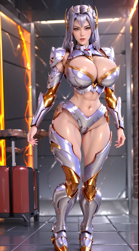 A WOMAN, BEAUTIFULL FACE, (RED, GOLD, PURPLE:1.1), (SEXY RED LIBS:1), (BEAUTY MAKEUP:1), (SHINY BODYSKIN:1.2), (HUGE BOOBS), (FULL BODY:1.3), (DRAGON HEAD:1), (SILVER DRAGON MECHA ARMOR SUIT:1.3), (CROP TOP:1.3), (CLEAVAGE:1.3), TRANSPARANT, TALL LEGS, STA...