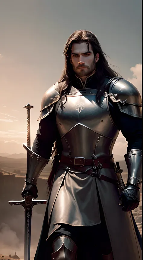 Henry Cavill, as a medieval Templar knight, long hair, robust, grim expression, clad in leather armour, ((large sword in hand:1.3)), riding a horse, on a battlefield, corpses and soldiers in background, castle visible at a distance, dusklight, Templar flag...