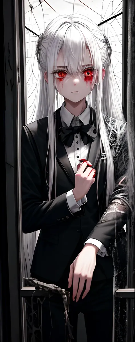 1girll, White hair, Red eyes, (teens girl_Shot:1.2), Face focus, Long hair, side locks,Collapsed crying，Extreme panic，After being violated ，Scared,(terrified:1.1) expression, One hand behind your back, Atmospheric lighting, Moody, Darkness, In an abandoned...