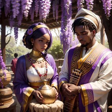 Traditional African marriage of a black man and black woman both wearing African traditional clothes, in an african surrounding while snowing, wisteria trees, full of coloured African designed instruments, with a celebrating congregation in the background,...