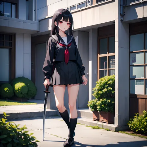 A girl wearing grey Japanese school uniform, teenage, black skirt, flat bangs, black long hair, red eyes, half hose, holding katana, high res, ultrasharp, 8K, masterpiece, looking at viewer