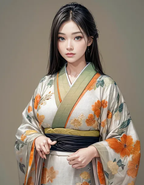 (Beautiful model who appeared in an singlet kimono worn under kimono commercial, The front of the kimono is elegantly closed, beautiful straight long black hair), solo, ((face is 80% beauty and elegance, 20% pretty and cute:1.5)), clear eyes, (detailed eye...