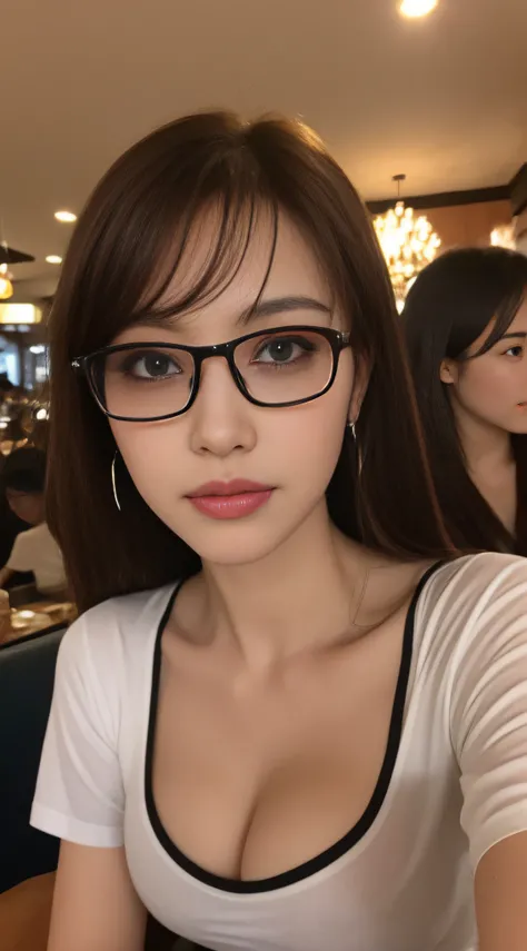 ((Day, Best Quality, 8K, Realistic)), Half body: 1.1, Slender abs: 1.2, ((Long windy dark brown hair: 1.2, Medium Breasts: 1.2)), (White tight tshirt: 1.2, Tight pants: 1.1, Dark aviator glasses: 1.1, Sitting: 1.3), (Indoor, Crowded restaurant background: ...