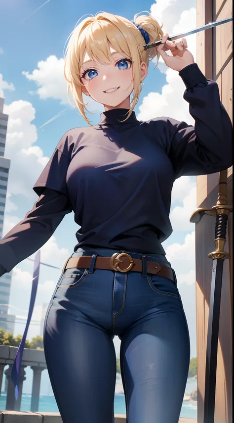 young girl, short blonde hair, high ponytail, blue eyes, Smile, Blue tight shirt, Jeans, Open showers, two swords, Fly on ropes, Masterpiece, hiquality, 4k, HD, Good detail