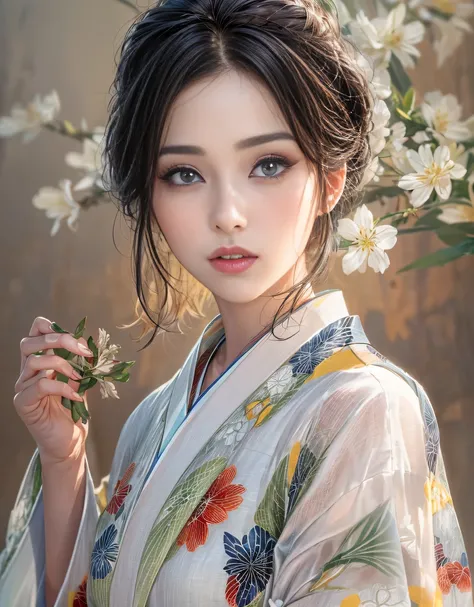 (Beautiful model who appeared in an singlet kimono worn under kimono commercial, The front of the kimono is elegantly closed, beautiful straight long black hair), solo, ((face is 80% beauty and elegance, 20% pretty and cute:1.5)), clear eyes, (detailed eye...