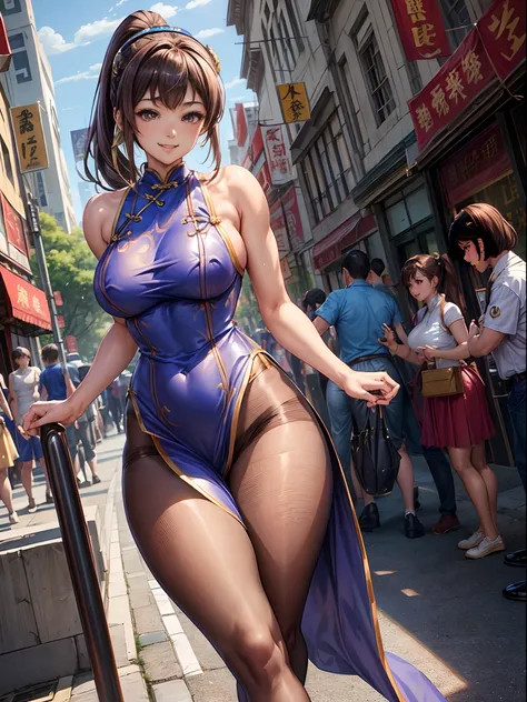 top-quality、Full limbs、complete fingers、Slender beauty、poneyTail、Medium hair、Brown hair、((Chun-Li blue cheongsam))、long slit、((Brown pantyhose))、Beautiful Large Breasts、Chinatown、is standing、sexypose、A big smile