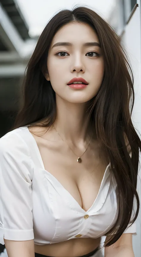 （best qualtiy，A high resolution，tmasterpiece：1.3），A tall and beautiful woman，Slender abs，Dark brown hair in loose wavy styling，Large breasts，cleavage，Wear a pendant，white button-down blouse，obi strip，a black skirt，（Modern architecture in background），Beauti...