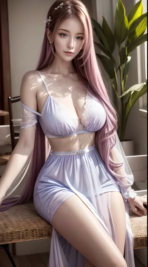 (Photorealistic) woman with (Long, Flowing) lavender hair, (Fair, porcelain) skin, Leisurely sit in the café, (relaxing), Sip a cup of coffee. She is wearing a (semi transparent, sheer) White blouse, adorned with (subtle, Delicate) Red bracelet. The café w...