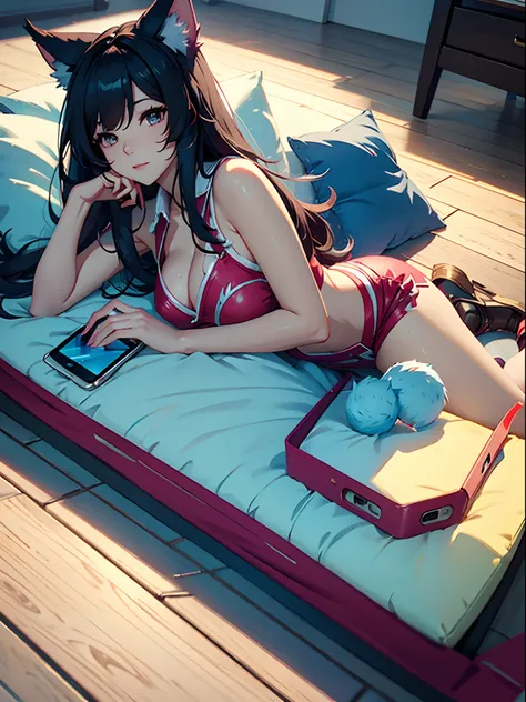 Ahri, playing smartphone while lying down