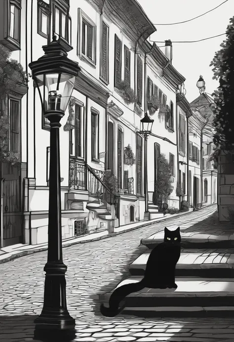 "Create a nostalgic cartoon scene, inspirada nos estilos dos anos 30 e 40 em preto e branco. The setting is an old town street, with brick buildings and lampposts. No centro da imagem, um gato branco, semelhante ao famoso personagem Felix, is the protagoni...