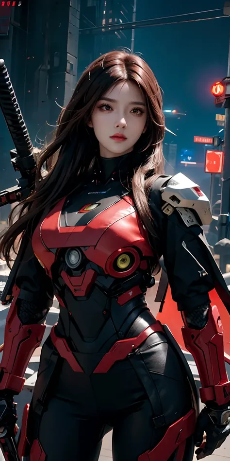 photorealistic, high resolution, soft light,1women, solo, hips up, (detailed face), red long hair, cybersamurai, cyborg, cyberpunk,  cyber armor, holding weapon,glowing,gun, city at night