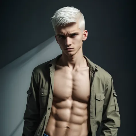 Teen male posing, cargo pants, skinny body, atmospheric, cute face, white hair, dead inside, plaid shirt, buzz cut, anger