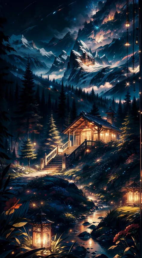 Gorgeous, Masterpiece, Best quality, landscape, A high resolution,4K, the wallpaper, Tracking lights, Mountains, Intricate, Detailed, Suspended Inside, camp, florest, Casa, magical, magic, No_Humanity, Hut, Flowers, Busy, roleplaying, lord of the ring, coz...