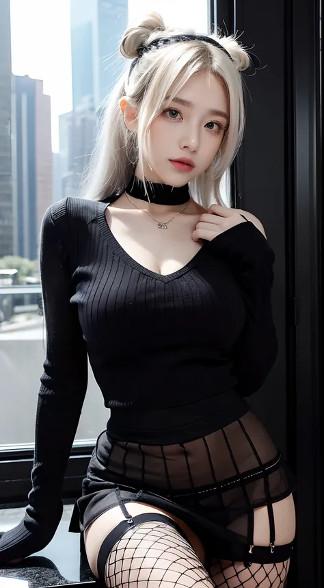 {{Masterpiece}}, {{Best quality}}, Rainy days, Cityscape, In the cyberpunk city, Cityscape, Huge_filesize, the wallpaper, Girl, Medium hair, White hair, Wavy hair, hair-bun, hair pin, purple hairband, Beautiful detailed eyes, Sweater dress, ribbed sweater,...