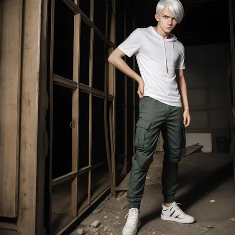 teen male posing, downed cargo pants, skinny body, atmospheric, cute face, white hair, dead inside, plaid shirt, anger