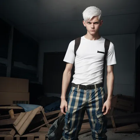 Teen male posing, downed cargo pants, skinny body, atmospheric, cute face, white hair, dead inside, plaid shirt, anger