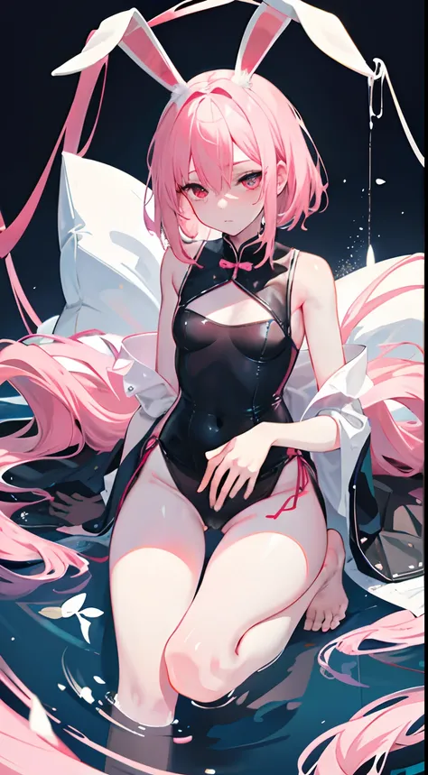 opening legs，Bunny ears，No underwear， the feet，is shy，sitted， Feet，Exposed genitals，clear liquid，Bigchest，Black fully transparent panties，soaking wet，A pink-haired，Hold your thighs from behind with your hands，Emotive expressions，Ambiguous，taunt，on cheongsa...