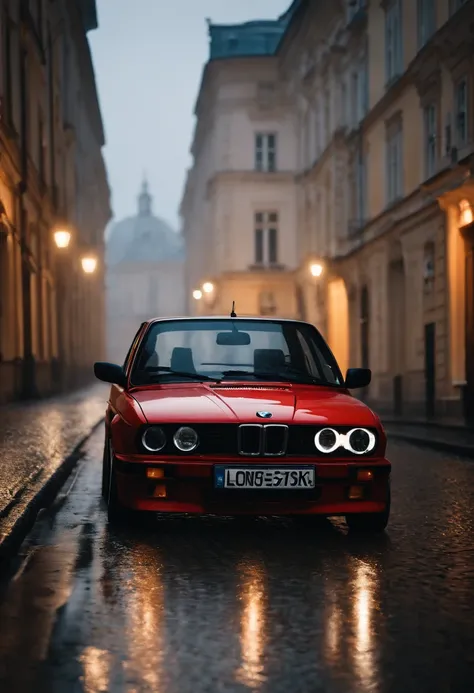 women sit on hood red bmw e30,realistic paint,raw photo,8k,extremely detailed car,sport car,raining,ront lights are on,droplets,wet floor,water splashes,fine details,hdr,ultra high-res,uhd,movie picture still,bokeh,realistic paint texture,photorealism,cine...