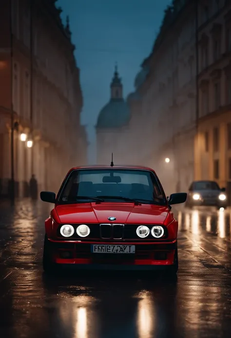 women sit on hood red bmw e30,realistic paint,raw photo,8k,extremely detailed car,sport car,raining,ront lights are on,droplets,wet floor,water splashes,fine details,hdr,ultra high-res,uhd,movie picture still,bokeh,realistic paint texture,photorealism,cine...