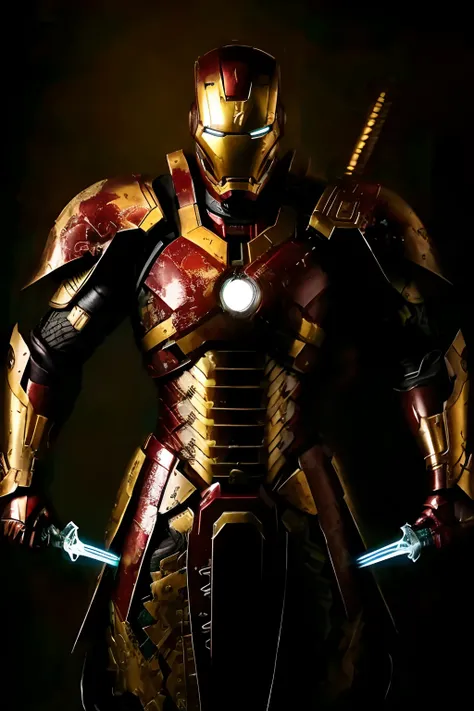 a close up of a man in armor holding two swords, steampunbat man, full samurai armor spiderman, battle damaged iron man suit, like ironman, mkbhd as iron man, stunning armor, ironman, golden and copper armor, cyberpunk iron man, light coming off of the arm...