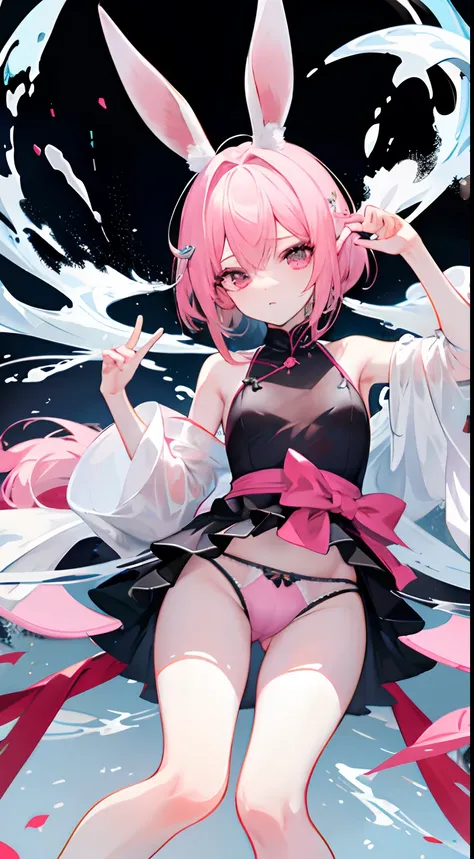 opening legs，Bunny ears，No underwear， the feet，is shy，sitted， Feet，Exposed genitals，clear liquid，Bigchest，Black fully transparent panties，soaking wet，A pink-haired，Hold your thighs from behind with your hands，Emotive expressions，Ambiguous，taunt，on cheongsa...