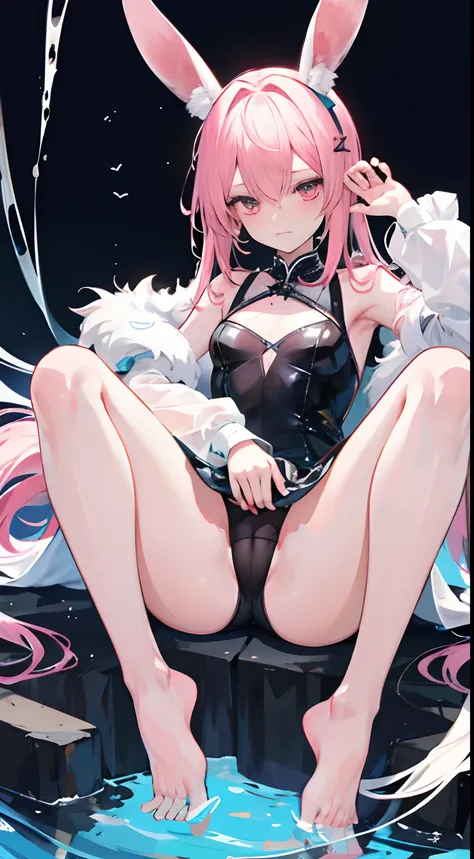 opening legs，Bunny ears，No underwear， the feet，is shy，sitted， Feet，Exposed genitals，clear liquid，Bigchest，Black fully transparent panties，soaking wet，A pink-haired，Hold your thighs from behind with your hands，Emotive expressions，Ambiguous，taunt，on cheongsa...