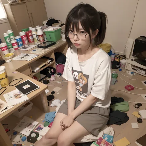 (8K、Raw photography、Top image quality、​masterpiece、:1.2)、(realisitic、Photorealsitic:1.37)、女の子1人、独奏、(Sitting on the garbage in an incredibly dirty room、Cute Japan girl operating smartphone:1.4)、Anime Otaku Girls、A dark-haired、short-hair、dishevled hair、Unkem...