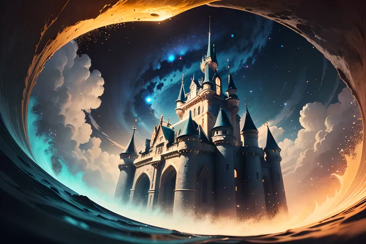 (dreamy castle is floating in the high sky of iridescent bubbles:1.2), (long shot:1.3), (from below:1.1), magnificent made of shimmering bubbles stands tall, majestic and stunning, mysterious and ethereal beauty. intricate details of this fantastical world...