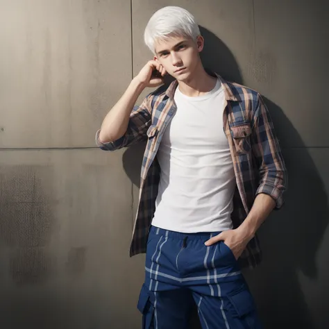 Teen male posing, downed cargo pants, skinny body, atmospheric, cute face, white hair, dead inside, plaid shirt, shy