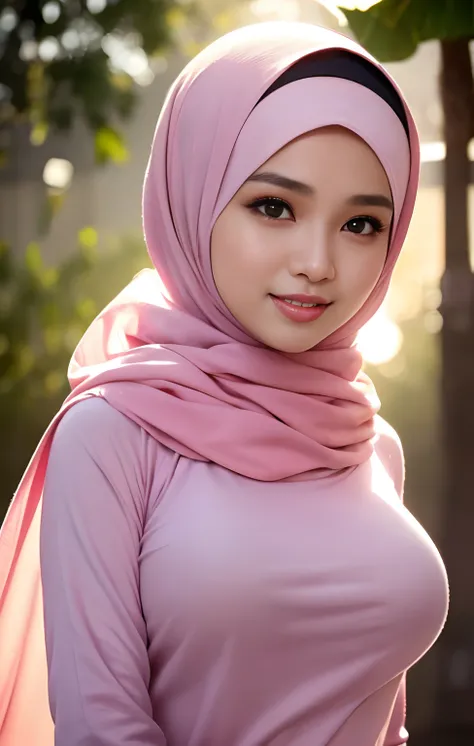 (night scene, close up photo of a sexy naked malay girl with hijab, posing, look at a camera and smile, pink pastel hijab, (green eyes:0.8), big tit, cute young face, 18 yo, soft volumetric lights, (backlit:1.3), (cinematic:1.3), intricate details, (ArtSta...